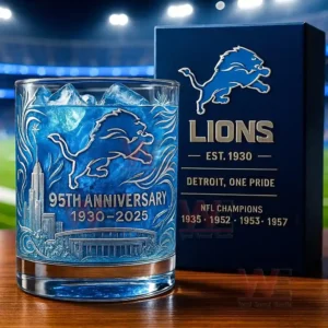 A close up depiction of a Detroit Lions anniversary glass with ice positioned in front of a themed box with a stadium scene in the background!