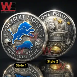 Silver Detroit Lions commemorative coin featuring the team logo, year 1930 to 2025, and Ford Field details with One Pride theme.