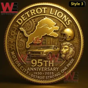 Golden Detroit Lions 95th Anniversary coin showing the lion logo, classic car, and Detroit city background.
