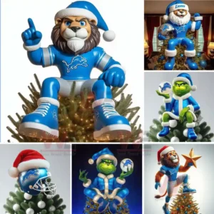A collage of Detroit Lions themed Christmas tree toppers with lions and the Grinch dressed in blue and white outfits sitting on Christmas trees decorated with lights.