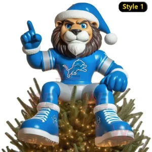 Detroit Lions Christmas Tree Topper 11 A lion mascot in a blue Detroit Lions uniform and Santa hat sitting on a Christmas tree with one hand raised showing number one gesture.