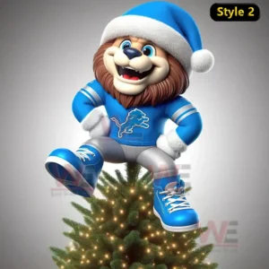 Detroit Lions Christmas Tree Topper 12 A joyful lion mascot in a blue Detroit Lions outfit and Santa hat posing on top of a Christmas tree.