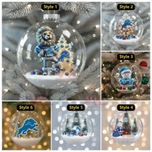 A collage of six Detroit Lions NFL themed Christmas ornaments with different designs showcasing the team's mascot and festive elements!