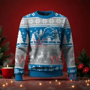 Blue and gray Christmas sweater with a blue lion logo on the front and festive knit designs of trees and reindeer!