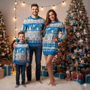 Family in matching blue and gray Lions Christmas sweaters standing beside decorated Christmas trees with gifts and lights!