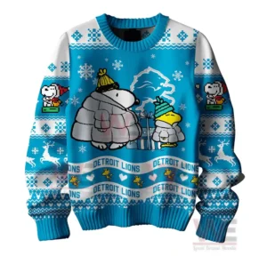 Detroit Lions Premium NFL Peanuts Snoopy Ugly Sweater 5 Alt text: A blue Christmas sweater featuring Snoopy, Woodstock, and Detroit Lions branding.