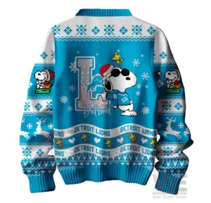Detroit Lions Premium NFL Peanuts Snoopy Ugly Sweater 6 Alt text: A blue sweater with Snoopy wearing sunglasses and Detroit Lions branding.
