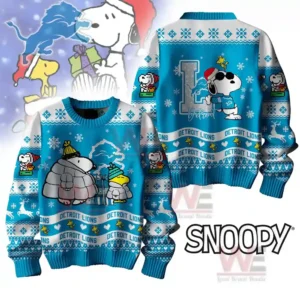 Detroit Lions Premium NFL Peanuts Snoopy Ugly Sweater 7 Alt text: A Christmas sweater with Snoopy, Woodstock, and Detroit Lions branding in blue and white.