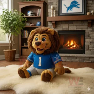Detroit Lions plush lion mascot wearing a blue jersey sitting on a rug in front of a fireplace.