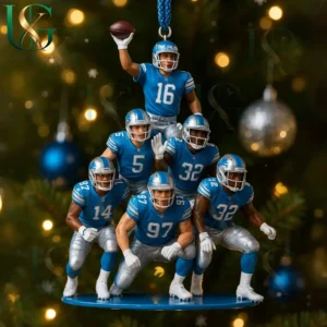 Detroit Lions football team ornament showing players stacked in formation on a Christmas tree with holiday lights!