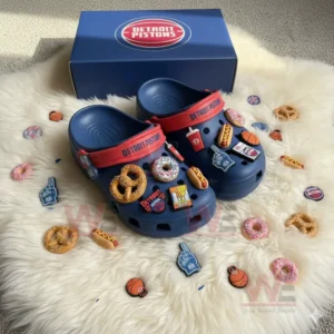 Detroit Pistons-themed Crocs with snack and basketball-related charms.