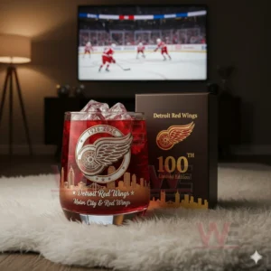 A Detroit Red Wings anniversary glass with red ice placed next to a matching box on a rug with a hockey game visible in the background.