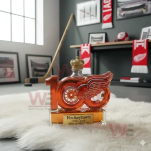A one hundred shaped bottle with a winged wheel symbol positioned on a white rug surrounded by sports decor and natural window light!