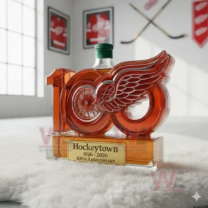 A hockey themed anniversary bottle resting on a plush rug with framed jerseys banners and hockey sticks in the background!