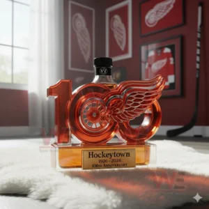 A Detroit Red Wings anniversary bottle positioned on a white rug with sports memorabilia and bright window light filling the room!