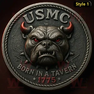 USMC coin with bulldog face red eyes and engraved text Born in a Tavern 1775 on metallic background!