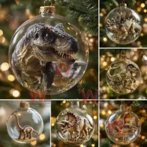 Alt text: Dinosaur Christmas ornaments inside clear glass balls, showcasing various dinosaur models, hung on a Christmas tree.