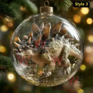 Alt text: Close-up of a Stegosaurus dinosaur inside a Christmas ornament, hung on a tree.