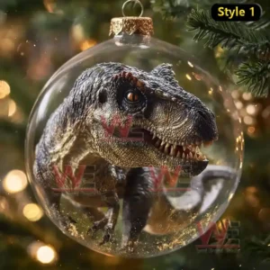 Alt text: Close-up of a T-Rex dinosaur in a glass bauble, with a festive Christmas tree background.