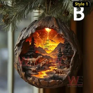 Round dinosaur forest ornament with glowing orange sky hanging on a tree branch!