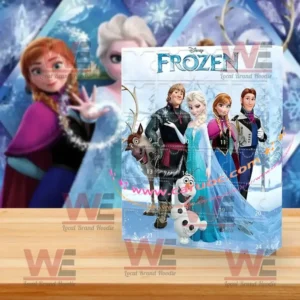 A rectangular advent calendar with the Frozen characters Elsa, Anna, Kristoff, Olaf, and Sven on a snowy blue background ready for holiday surprises!