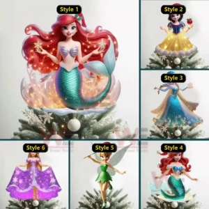 Disney princess and fairy themed Christmas tree toppers with glowing lights and detailed dresses.