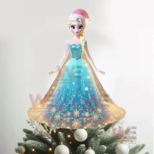 Princess in blue glittering dress and Santa hat standing on glowing Christmas tree.