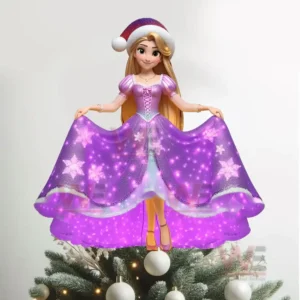 Princess with long hair in purple glowing dress standing on Christmas tree.
