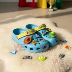 Disney Toy Story Crocs Crocband Clogs With Charms 6 Blue Toy Story clogs with character charms displayed on a white furry rug in a bright room!