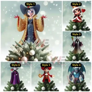 Disney villain themed Christmas tree toppers featuring festive and detailed character designs.
