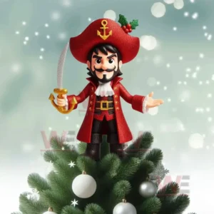 Disney Villains Christmas Tree Topper 8 Pirate in red outfit holding sword standing on top of Christmas tree.