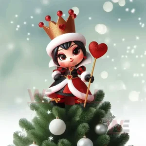 Disney Villains Christmas Tree Topper 9 Queen in red and black dress with crown and heart staff standing on decorated Christmas tree.