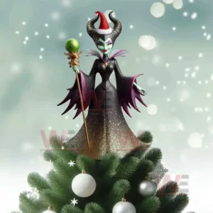 Disney Villains Christmas Tree Topper 10 Villain in black and purple gown with Santa hat holding glowing staff on Christmas tree.
