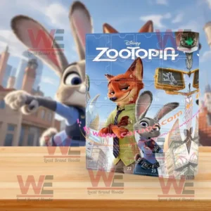 Disney Zootopia Advent Calendar 8 An arrangement of small Zootopia character figures on a wooden surface with a background featuring Judy Hopps and Nick Wilde smiling in front of the city!