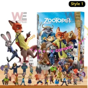 A Zootopia advent calendar surrounded by small character figures including Judy Hopps, Nick Wilde, and other animals from the animated film!