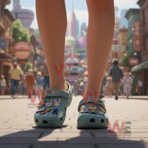 Alt text: Zootopia-themed crocs with character charms, worn by a person in a colorful city setting.