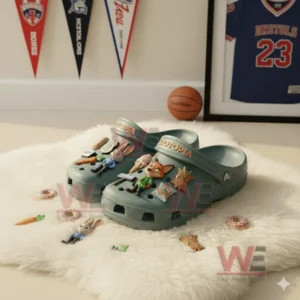 Disney Zootopia Premium Crocs Clogs With Charms 6 Alt text: Zootopia-themed crocs with scattered character charms in a cozy room with sports items in the background.
