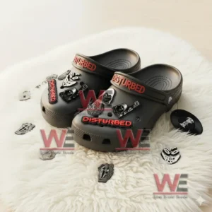 Disturbed Band Crocs Clogs with Charms 5 Angled view of black Disturbed Crocs with red lettering and decorative charms scattered around.