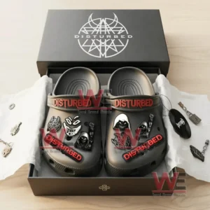 Disturbed Band Crocs Clogs with Charms 7 Disturbed Crocs in a branded box with additional themed charms and accessories displayed beside them.