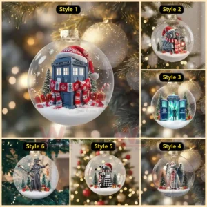A collage of six clear Christmas ornaments each displaying a snowy festive scene with iconic characters trees and gifts!