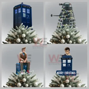 A collage of four Doctor Who themed Christmas tree toppers featuring the TARDIS, a Dalek, and two versions of the Doctor displayed on decorated Christmas trees.