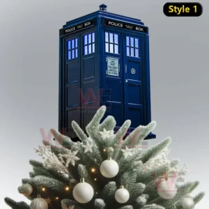Doctor WHO Christmas Tree Topper 6 A blue TARDIS police box sitting atop a decorated Christmas tree with white ornaments and lights.
