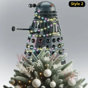 Doctor WHO Christmas Tree Topper 7 A Dalek covered in multicolored lights sitting atop a decorated Christmas tree with white ornaments.