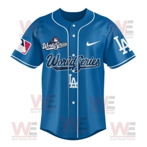 A Los Angeles Dodgers 2025 World Series front jersey design in blue with white trim and official logos!