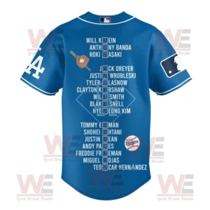 A blue Dodgers jersey back view displaying player names and baseball themed graphics!