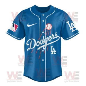 A Dodgers blue baseball jersey with a red streaking ball and team logo on the front!