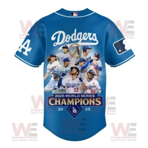 A blue Los Angeles Dodgers 2025 World Series Champions jersey showing players and trophy artwork on the back!