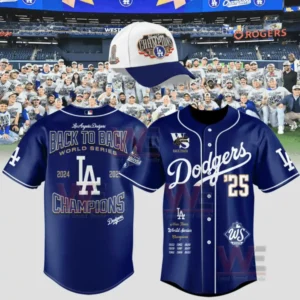 LA Dodgers Back-To-Back World Series Champions Jersey and Cap 6 A celebratory Dodgers outfit showing Back to Back 2024 and 2025 champions lettering and World Series badges!
