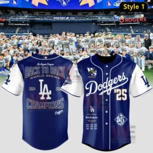 LA Dodgers Back-To-Back World Series Champions Jersey and Cap 7 Blue Dodgers jersey with white sleeves labeled style 1 celebrating back to back championship seasons with team photo background!