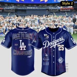 LA Dodgers Back-To-Back World Series Champions Jersey and Cap 8 Dodgers jersey style 2 displaying bold championship graphics World Series patch and the number 25 on the front!